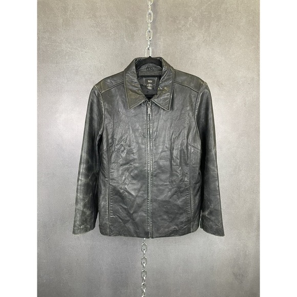 Vintage 90s Black‎ Collared Leather Zip Up Jacket Size Large - Picture 1 of 6